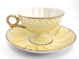 Vintage Lusterware Cup and Saucer Yellow Gilded Textured Diamonds Japan Lovely - £11.65 GBP