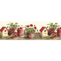 Birdhouse Watering Can Flower Tulip Pot Garden Country Red Wall Paper Bo... - £22.22 GBP