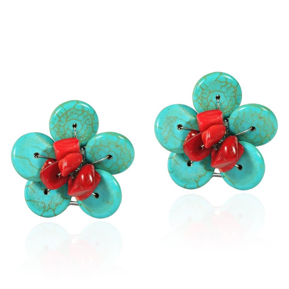 Primary image for Chic Red Coral and Turquoise Daisy Floral Clip On Earrings