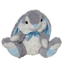 Hug &amp; Luv Gray White Easter Bunny Rabbit Plush Blue Bow Stuffed Animal 11.5&quot; - £22.26 GBP