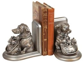 Bookends Bookend TRADITIONAL Lodge Dog with Basket of Fox Kits Silver Resin - £231.01 GBP