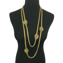 CHAIN MAIL medallion necklace - 72&quot; long gold-tone w/ faceted amber bead... - £25.99 GBP