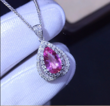 2.20Ct Pear Cut Pink Sapphire Halo Pendant In 14K White Gold Finish Free Chain - £102.62 GBP