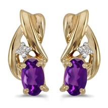 14k Yellow Gold Oval Amethyst Diamond Earrings - Excellent Present &amp; Gift Boxed! - £129.99 GBP