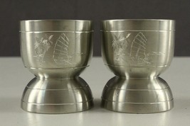 Vintage Signed Metalware Lot 2 Pewter Selangor Cordial Cups Asian Boat Etching - £10.28 GBP