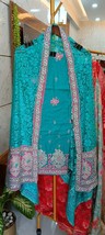 Green Pure Cotton Semi Stitched Salwar Suit Set Green Brasso Silk Dupatta Zari S - £59.53 GBP