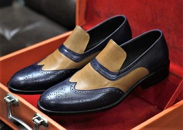 New Men&#39;s Handmade Formal Shoes Navy Blue &amp; Tan Leather Slip On Stylish Loafer - £122.32 GBP