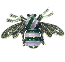 Purple and Green Enamel Bee Bug Rhinestone Brooch Pin Modern 1.8&quot; - £15.01 GBP