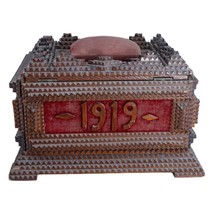 1919 American Tramp Art Sewing Box with Pincushion Top Dated WW1 Era - £484.45 GBP