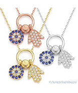 Hamsa Hand of Fatima Evil Eye Greek Mati Jewish Pendant Sterling Silver Necklace - $45.49