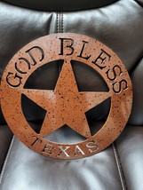 Rustic Metal Circle &quot;God Bless Texas&quot; Star Wall Hanging Sign Plaque Decor - £6.88 GBP