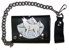 Howling Wild Wolf Trifold Biker Wallet W Heavy Chain Mens Leather #652 Wolves - £12.10 GBP