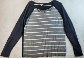 Merona Sweater Womens Size XL Gray Striped Cotton Knit Long Sleeve Round Neck - £13.30 GBP