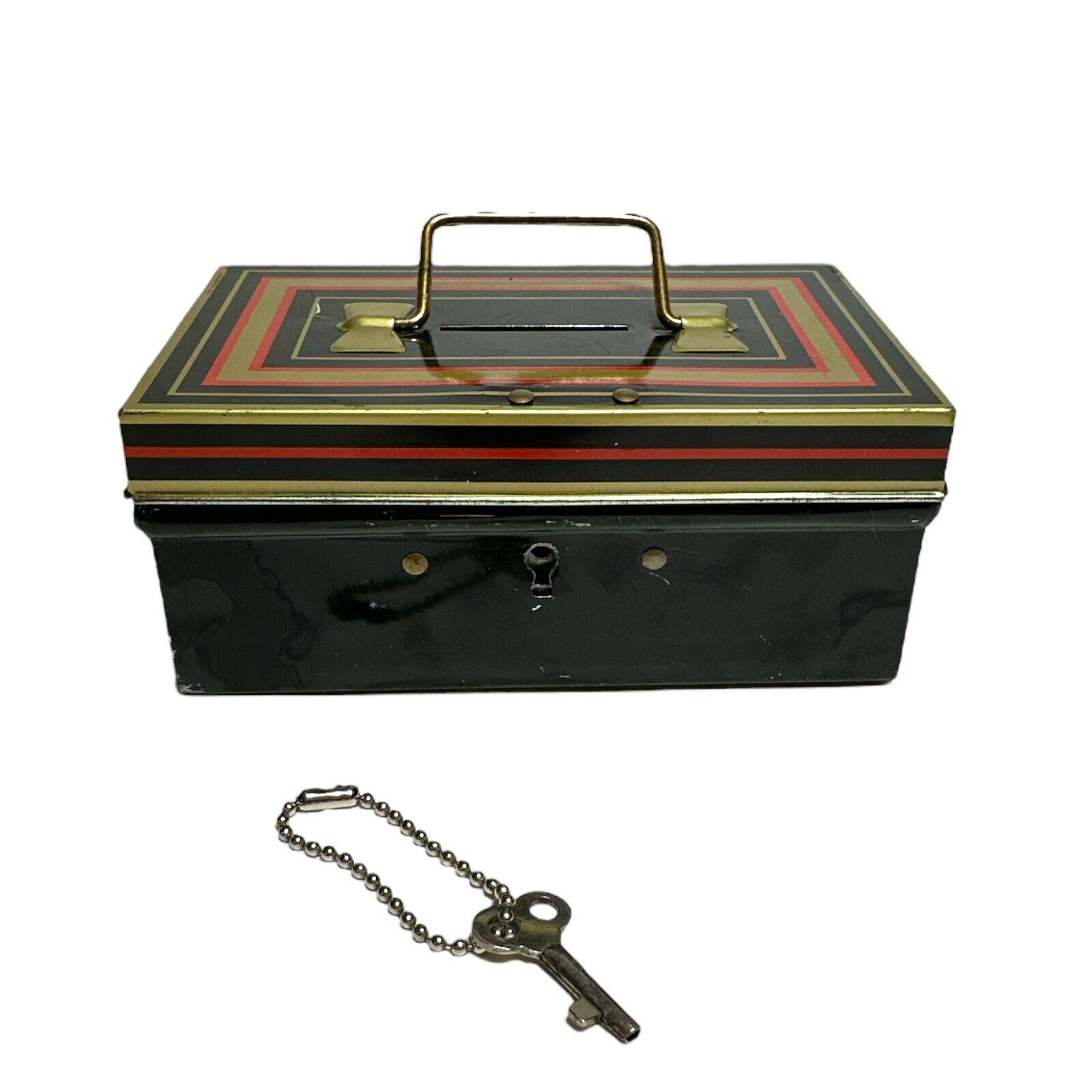 Primary image for Chad Valley Tin metal box with key old Vintage M.205 Made in England black gold