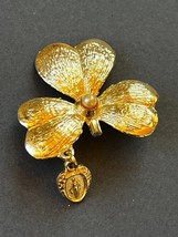 Vintage Small Goldtone Shamrock w Tiny Faux Pearl &amp; Mother Mary Charm Dangle - £9.05 GBP