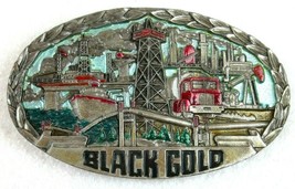  Vintage 1982 Black Gold Oil Rigs Drilling Belt Buckle Indiana Metal Cra... - £31.45 GBP