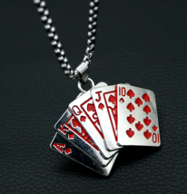 Mens Red Poker Card Pendant Necklace Punk Rock Jewelry Stainless Steel Chain 24&quot; - £12.65 GBP