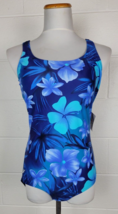 Vtg NWT Speedo Blue Hawaiian Hibiscus Floral One Piece Swimsuit 7235002 sz 14 - £35.03 GBP