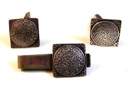 Vintage Mexican Sterling Silver Aztec Calender Cufflinks &amp; Tie Clasp by Los Cast - £97.76 GBP