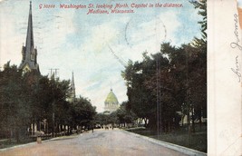 Madison Wisconsin~Washington St Looking NORTH-CAPITAL In DISTANCE-1908 Postcard - $6.01