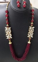 Gold Plated Bollywood Style Indian Maroon Kundan Necklace Mala Jewelry Set - £6.06 GBP