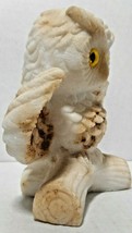 White Alabaster Composite Owl Yellow Eyes Horned Fluffing Feathers Sprea... - $19.79