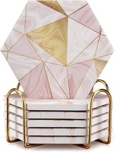 6 Pcs Pink Marble Coasters With Holder Gold Absorbent Drink Coasters Hexagon - £33.56 GBP