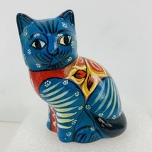 Hand-Painted Clay Cat Figurine Colorful Kitty Blue Red Feline Mexico Fol... - £29.71 GBP