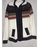 Handmade Peru Women&#39;s Alpaca White Multi Cardigan Sweater Hood Zip up si... - $714.55 MXN