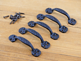 5 Small Drawer Pulls 4 1/4&quot; Window Antique Vintage Style Rustic Cast Iron BLACK - £11.98 GBP