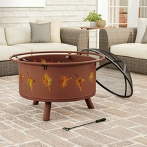 Outdoor Fire Pit 32 Inch Round Large Steel Bowl Leaves with Cover Wood B... - £163.85 GBP