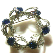 Vintage Silver-tone Blue Rhinestone Filigree Leaf Brooch - $13.85
