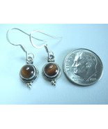 Tiny Tiger Eye Round 925 Sterling Silver Dangle Earrings receive exact e... - £13.66 GBP