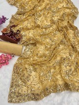 Gold Sequence Embroidery Work Saree - Perfect for Special Occasion, Indian Fashi - £59.36 GBP