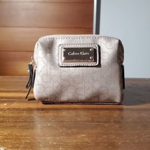 Calvin Klein Pouch Mini Zipper Top Bag Silver Signature Coated Canvas Fa... - $22.54