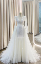 Custom Ball Gown Deep V-Neck Sleeves Bridal Dress in Ivory Glitter Flora... - $478.00