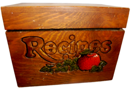 Vintage Dark Wood Recipe Box with Hinged Lid Apple Decor 1950s MCM Kitchen - £10.00 GBP