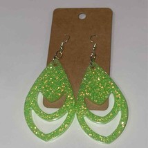 Handmade epoxy resin dangle earrings - neon green glitter with rose gold... - $8.91
