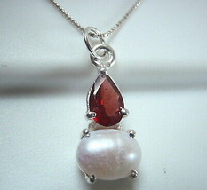 Cultured Pearl &amp; Faceted Garnet Double Gem 925 Sterling Silver Pendant - £10.81 GBP