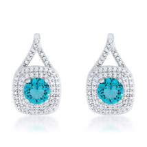 Precious Stars Silvertone Fancy Aqua Cubic Zirconia Fancy Halo Drop Earrings - £22.38 GBP