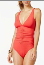 NWT CK Calvin Klein Ruched Center V-Neck One-Piece Swimsuit Watermelon S... - $49.99