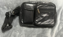 Vintage Black Leather Belt Bag Fanny Pack With Pockets Man Purse Hand Bag 10X7” - £19.87 GBP