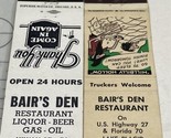 Lot Of 2 Matchbook Covers Bair’s Den Restaurant  Lake Placid, FL gmg  Un... - $14.85