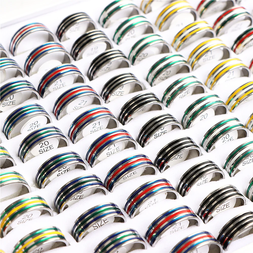 Wholesale 100pcs/lot Fashion Colorful Striped Drip Oil Stainless Steel Rings For - £28.28 GBP