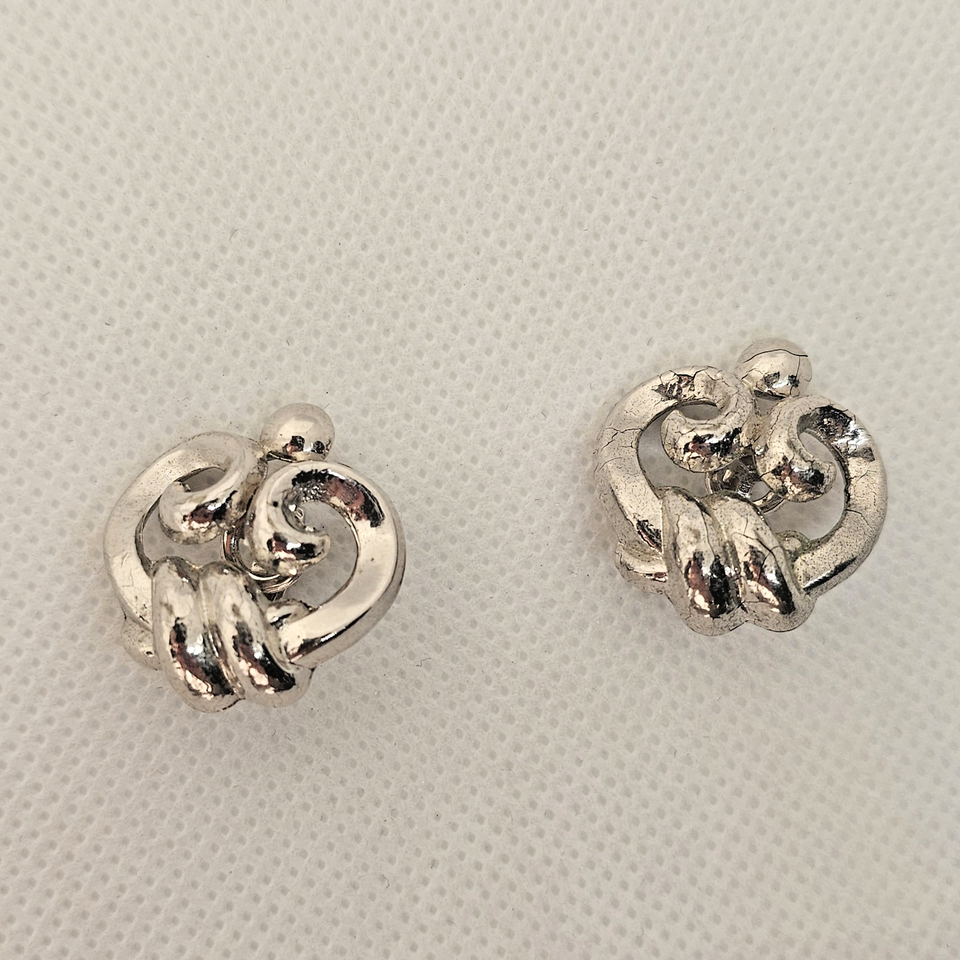 Vintage Crown Trifari Clip On Earrings Silver Tone Open Scroll Work Knocker - $19.99