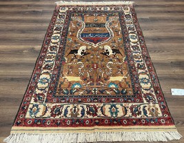 Unique Afghan Silk Rug 4x6 Hunting Pattern Animals Poetry Fine Carpet Brown Wow - £1,681.14 GBP