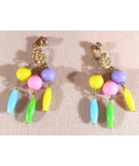 Vintage Clip-on Earrings Dangle Chandelier Beaded Chunky Multi-colored G... - $23.37 CAD