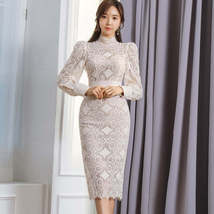 Autumn  Elegant Stand Neck Long Sleeve Slim Bodycon Lace Dress - £46.43 GBP