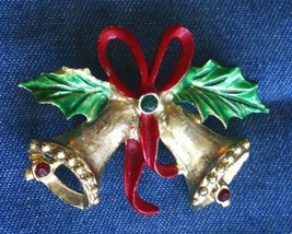 Festive Vintage Red &amp; Green Rhinestone, Enamel Gold-tone Christmas Bells Brooch - £10.35 GBP