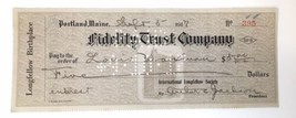 Fidelity Trust Co Check 1917 Portland Maine Receipt Antique #395 Longfel... - £11.79 GBP